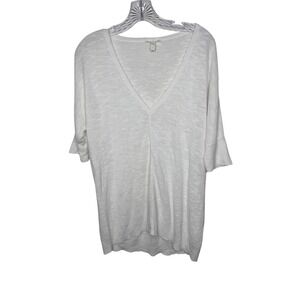 Eileen Fisher Womens White Organic Linen Cotton V-Neck Knit Sweater Top Size M